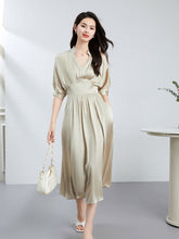 Womens Silk Midi Dress Draped V - Neck Cinched Waist Long Silk Dress